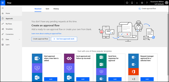 Screenshot of the Approvals page for Microsoft Flow to create a new approval workflow or interact with approvals that have been sent or received.