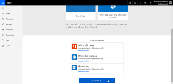 Screenshot of the Flow window displaying the SharePoint Site Address drop-down menu to choose the SharePoint site from the list-based apps.