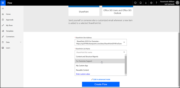 Screenshot of the Flow page for selecting a SharePoint site and List app for a Flow-based workflow - the “For Dummies Support” app.