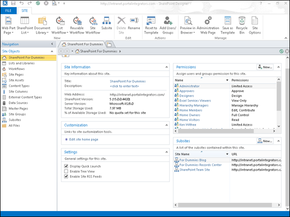 Screenshot displaying the navigational components of the SharePoint Designer on the left side of the page, to connect to a SharePoint site.