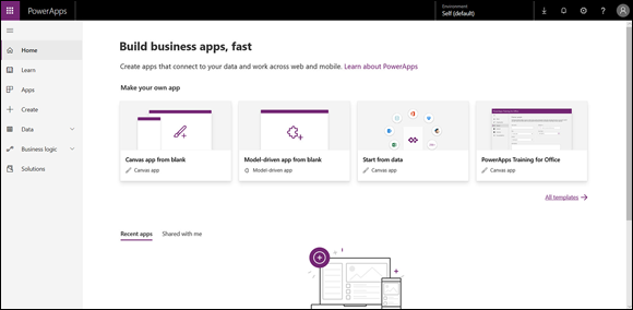 Screenshot of the main PowerApps page displaying the Microsoft PowerApps service that uses a web browser as a development tool for building business apps, fast.