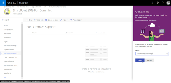 Screenshot of the SharePoint page displaying the For Dummies Support page for providing a name for a PowerApp.