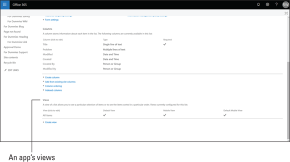 Screenshot of the Office 365 page displaying the columns in the Views section of a List-based page for an app.