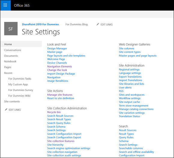 Screenshot of the Site Settings page in SharePoint with the SharePoint Server Publishing feature activated.