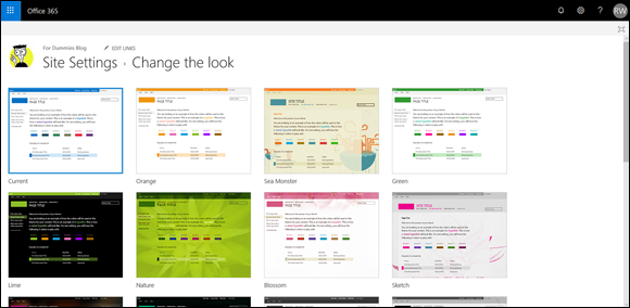 “Screenshot of the Office 365 Site Settings page a preview of many different sites in the Change the Look settings page.”