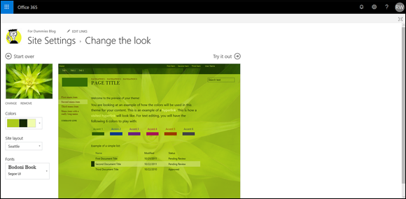 “Screenshot of the Office 365 Site Settings page to change the background image, the color palette, the site layout, and the font combinations used in the site.”