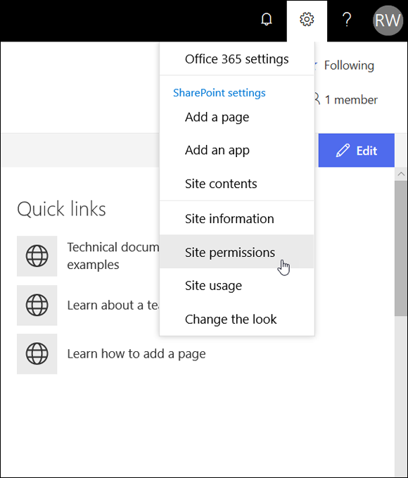 Screenshot of the Office 365 Settings page for selecting Site Permissions from the drop-down SharePoint Settings menu.