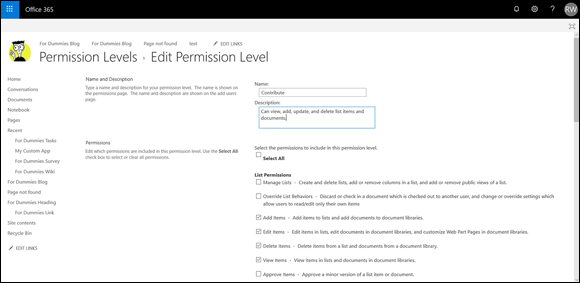 “Screenshot of the Office 365 window to view or modify the permissions in the permission levels.”