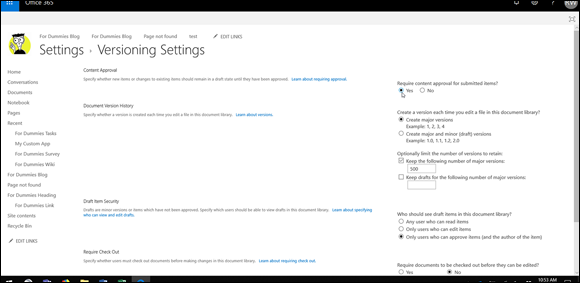 Screenshot of the Office 365 window displaying the Settings page where Draft Item Security settings change after selecting Yes under Require Content Approval for Submitted Items.