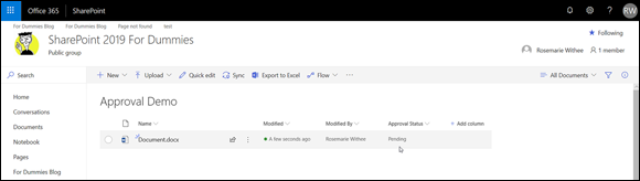 Screenshot of the SharePoint window displaying the Approval Demo page indicating that a new document is in Pending status.