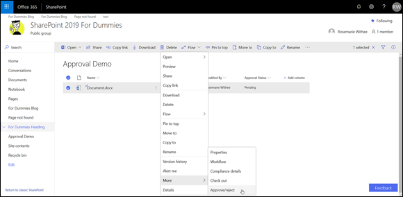 Screenshot of the SharePoint window displaying the Approval Demo page for opening the dialog to approve a new document.