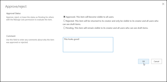 Screenshot of the Approve/Reject window with the Pending option selected, to leave a comment in the Comment text box.