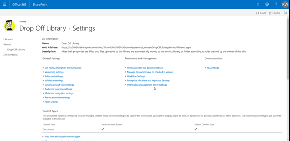 Screenshot of the SharePoint window for selecting the Information Management Policy Settings link.