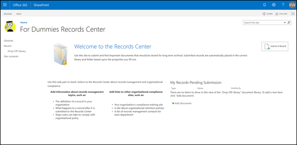 Screenshot of the SharePoint window displaying the Records Center home page with a lot of information to help the user set up the Records Center.