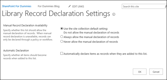 Screenshot of the Library Record Declaration Settings for controlling in-place records declaration.