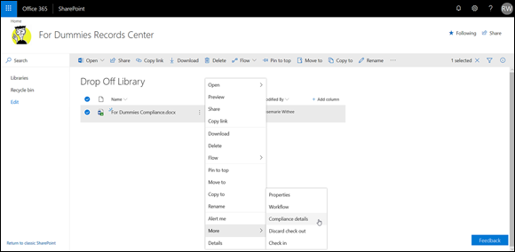 Screenshot of the SharePoint site displaying the For Dummies Record Center for declaring a record in-place.