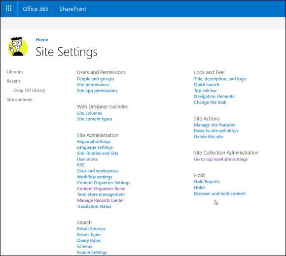 Screenshot of the SharePoint Site Settings page for managing holds and eDiscovery at the site collection level.