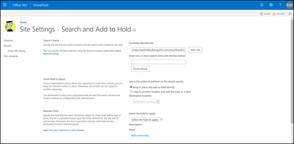 Screenshot of the SharePoint Site Settings page for configuring eDiscovery and placing items on hold.