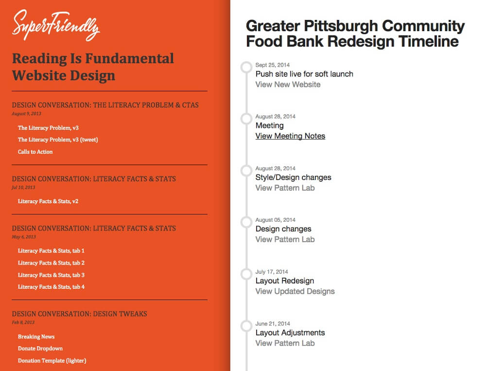 SuperFriendly’s “Reading Is Fundamental” and Brad Frost’s “Greater Pittsburgh Community Food Bank“ project hubs.