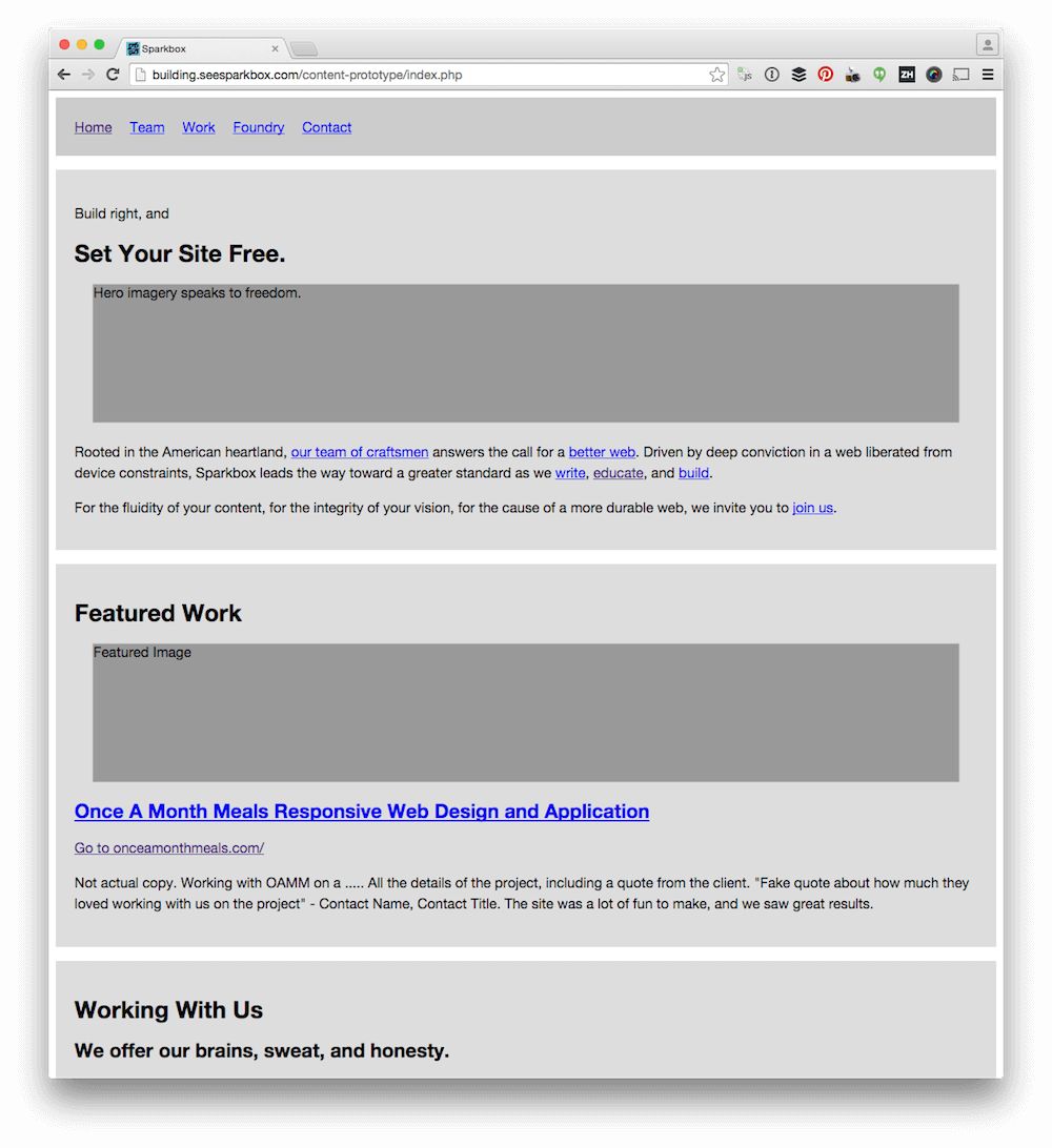 An example content prototype from the recent redesign of the Sparkbox website.