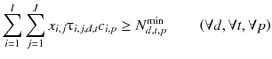 
$$ {\displaystyle \sum_{i=1}^I{\displaystyle \sum_{j=1}^J{x}_{i,j}{\uptau}_{i,j,d,t}{c}_{i,p}\ge {N}_{d,t,p}^{\min }}\kern2em \left(\forall d,\forall t,\forall p\right)} $$
