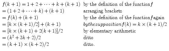 
$$ \begin{array}{*{20}{c}} {f(k + {1}) = {1} + {2} + \cdots + k + (k + {1})} \hfill & {{\text{by the definition of the function}}f} \hfill \\ { = ({1} + {2} + \cdots + k) + (k + {1})} \hfill & {\text{arranging brackets}} \hfill \\ { = f(k) + (k + {1})} \hfill & {{\text{by the definition of the function}}f{\text{again}}} \hfill \\ { = [k \times (k + {1})/{2}] + (k + {1})} \hfill & {by{ }the{ }supposition{ }f(k) = k \times (k + {1})/{2}} \hfill \\ { = [k \times (k + {1}) + {2}(k + {1})]/{2}} \hfill & {\text{by elementary arithmetic}} \hfill \\ { = ({k^{{2}}} + {3}k + {2})/{2}} \hfill & {\text{ditto}} \hfill \\ { = (k + {1}) \times (k + {2})/{2}} \hfill & {{\text{ditto}}{.}} \hfill \\ \end{array} $$
