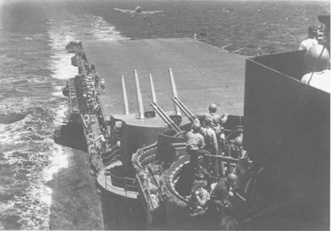 A Hellcat lands on the Lexington to rearm during the 19 June 1944 air battle. (National Archives)