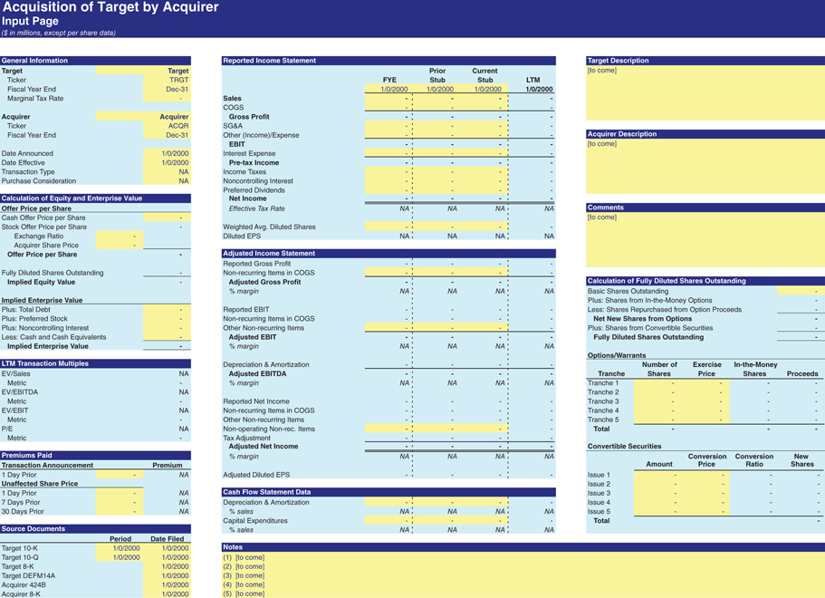 The figure shows an input page template for the precedent transactions analysis.