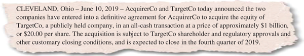 The figure shows the press release excerpt for all-cash transactions with the following text:
CLEVELAND, Ohio-June 10, 2019 – AcquirerCo and TargetCo today announced the two companies have entered into a defi¬nitive agreement for AcquirerCo to acquire the equity of TargetCo, a publicly held company, in an all-cash transaction at a price of approximately 1 billion dollar, or 20.00 dollars per share. The acquisition is subject to TargetCo shareholder and regulatory approvals and other customary closing conditions, and is expected to close in the fourth quarter of 2019.
