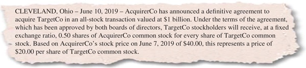 The figure shows the press release excerpt for fixed exchange ratio structure with the following text:
CLEVELAND, Ohio-June 10, 2019 – AcquirerCo has announced a defi¬nitive agreement to acquire TargetCo in an all-stock transaction valued at 1 billion dollar. Under the terms of the agreement, which has been approved by both boards of directors, TargetCo stockholders will receive, at a fixed exchange ratio, 0.50 shares of AcquirerCo common stock for every share of TargetCo common stock. Based on AcquirerCo’s stock price on June 7, 2019 of 40.00 dollars, this represents a price of 20.00 dollars per share of TargetCo common stock.
