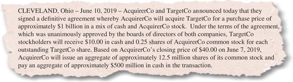 The figure shows the press release excerpt for cash and stock transaction with the following text:
CLEVELAND, Ohio-June 10, 2019 – AcquirerCo and TargetCo announced today that they signed a definitive agreement whereby AcquirerCo will acquire TargetCo for a purchase price of approximately 1 billion dollar in a mix of cash and AcquirerCo stock. Under the terms of the agreement, which was unanimously approved by the boards of directors of both companies, TargetCo stockholders will receive 10.00 dollars in cash and 0.25 shares of AcquirerCo common stock for each outstanding TargetCo share. Based on AcquirerCo’s closing price of 40.00 dollars on June 7, 2019, AcquirerCo will issue an aggregate of approximately 12.5 million shares of its common stock and pay an aggregate of approximately 500 million dollars in cash in the transaction.
