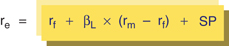 The figure shows a formula for calculating the CAPM.
r subscript e equals to r subscript f plus beta subscript L times left parenthesis r subscript m minus r subscript t right parenthesis plus SP.

