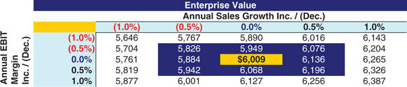 The figure shows a balance sheet illustarting the sensitivity analysis on sales growth rates and EBIT margins. 