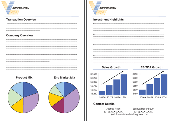 The figure shows an illustrative teaser template as might be presented to prospective buyers.