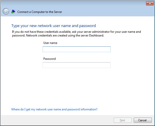 Entering the SBS 2011 Essentials user name and password.