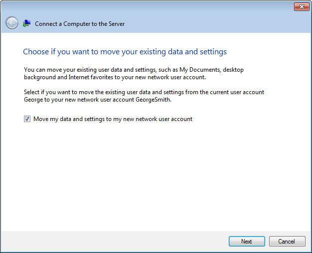 Choosing to move existing data and settings to the new user account.