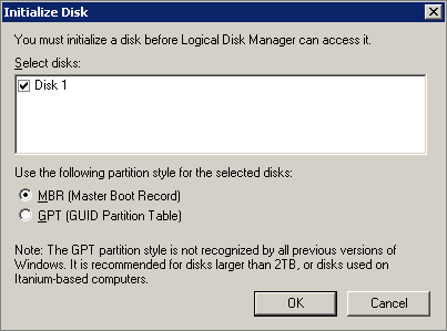 The Initialize Disk dialog box.