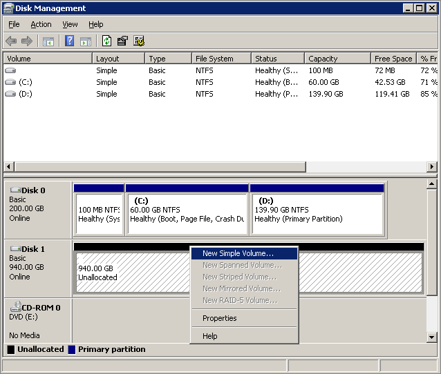 Creating a new simple disk volume.