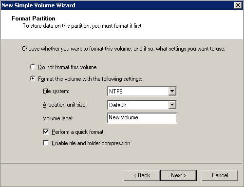 The Format Partition page of the New Simple Volume Wizard.