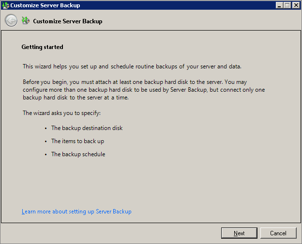 The Customize Server Backup Wizard.