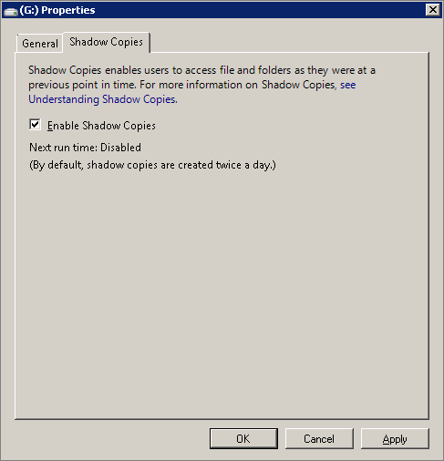 Enabling shadow copies for drive G.