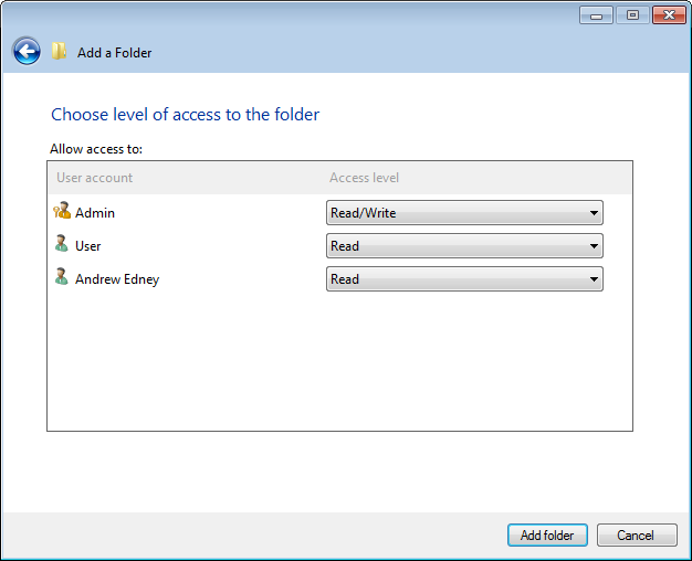 Selecting the access level for each user on the new server folder.