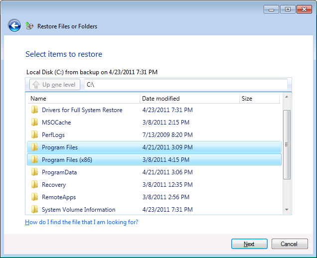 Selecting files and folders to be restored.