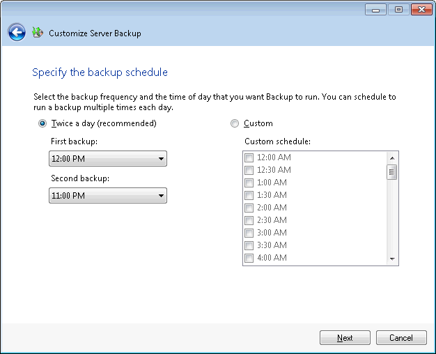 Specifying a server backup schedule.