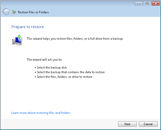 Starting the Restore Files Or Folders Wizard.