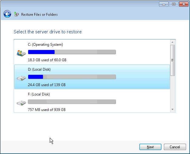 Selecting a disk to restore.