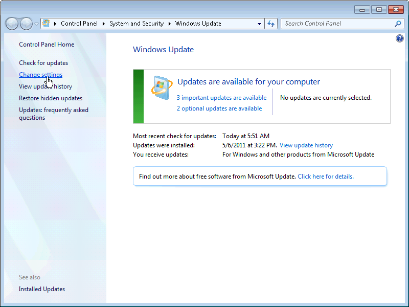 Changing the setting for Windows Update.