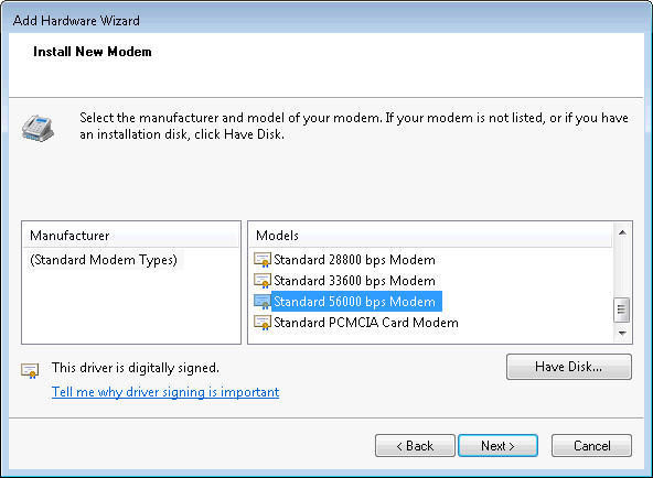 Designating the type of modem to install.