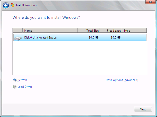 The Where Do You Want To Install Windows page of the Install Windows Wizard.