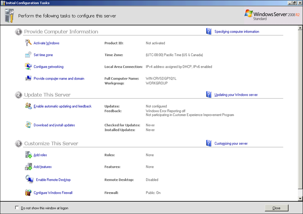 The Initial Configuration Tasks Wizard.